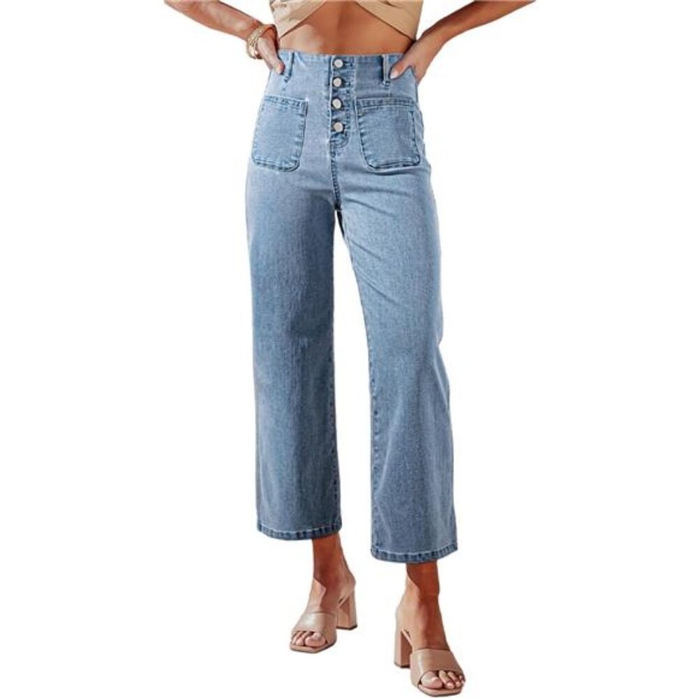 High Waisted Wide Leg Stretchy Denim Pants Women’s Buttoned Loose Jeans